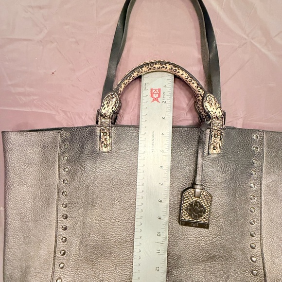 Rafe Silver/Black Metallic Leather Large Tote Bag w/ Snakeskin & Studs $498 - Picture 10 of 15